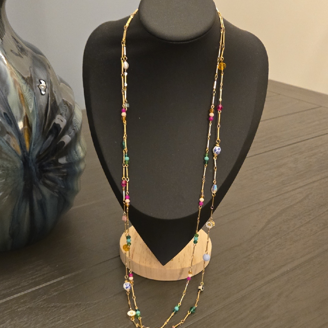 Vibrant Gold Multicolor Beaded Necklace Double Strand